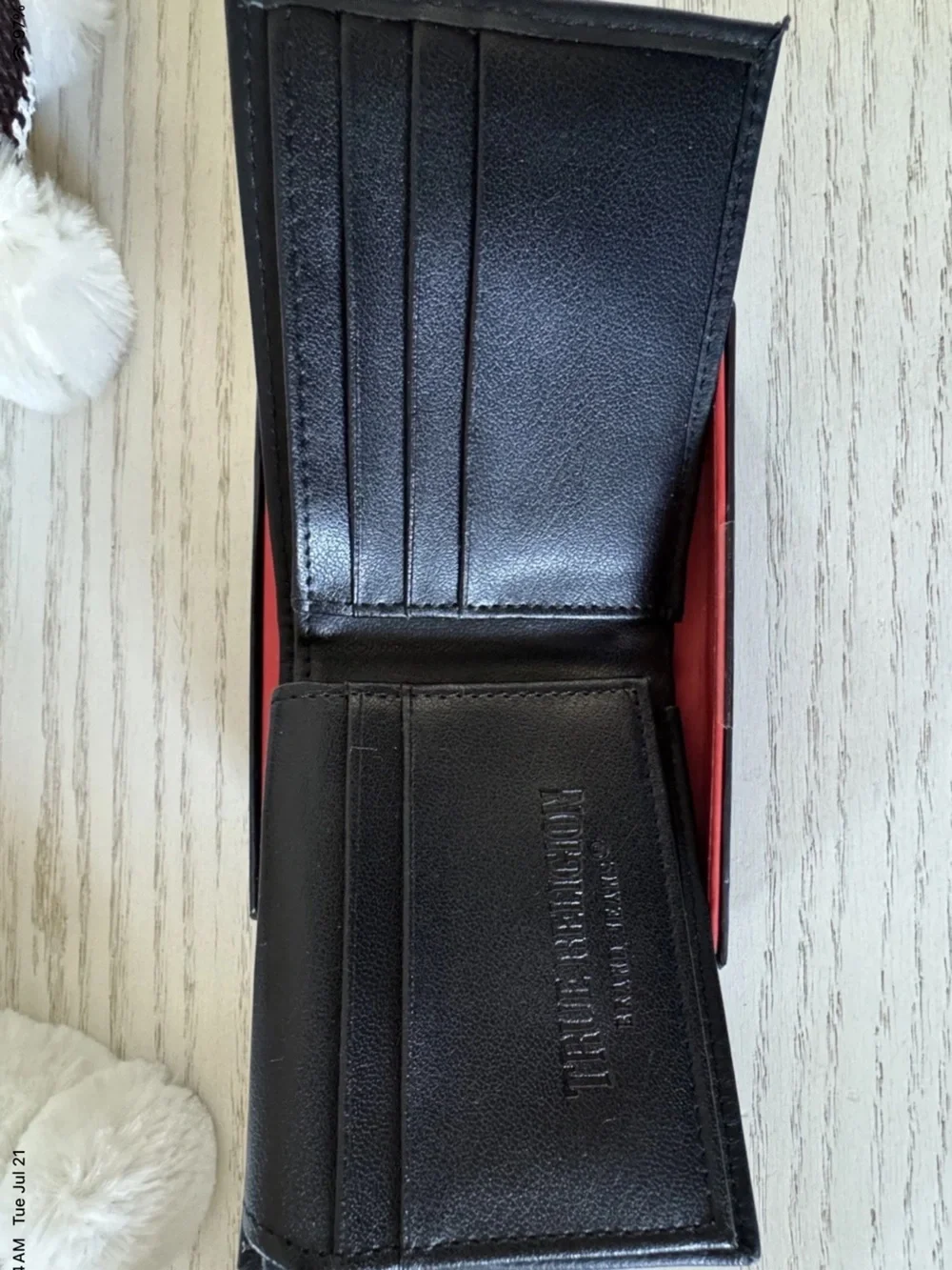True Religion Black Leather Card Holder with Gold Horseshoe Accent